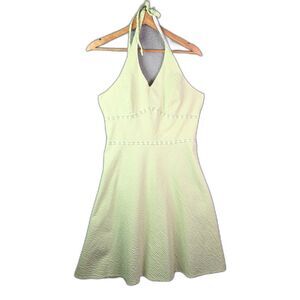 Dressbarn Halter Dress Light Green 12 Gingham Seersucker Cottagecore Floral Trim